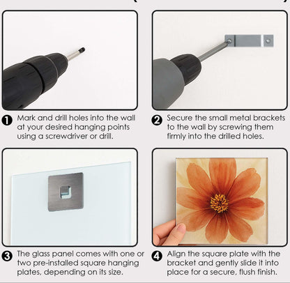 Installation guide for wall art without a wooden frame, showing steps with tools and hardware.