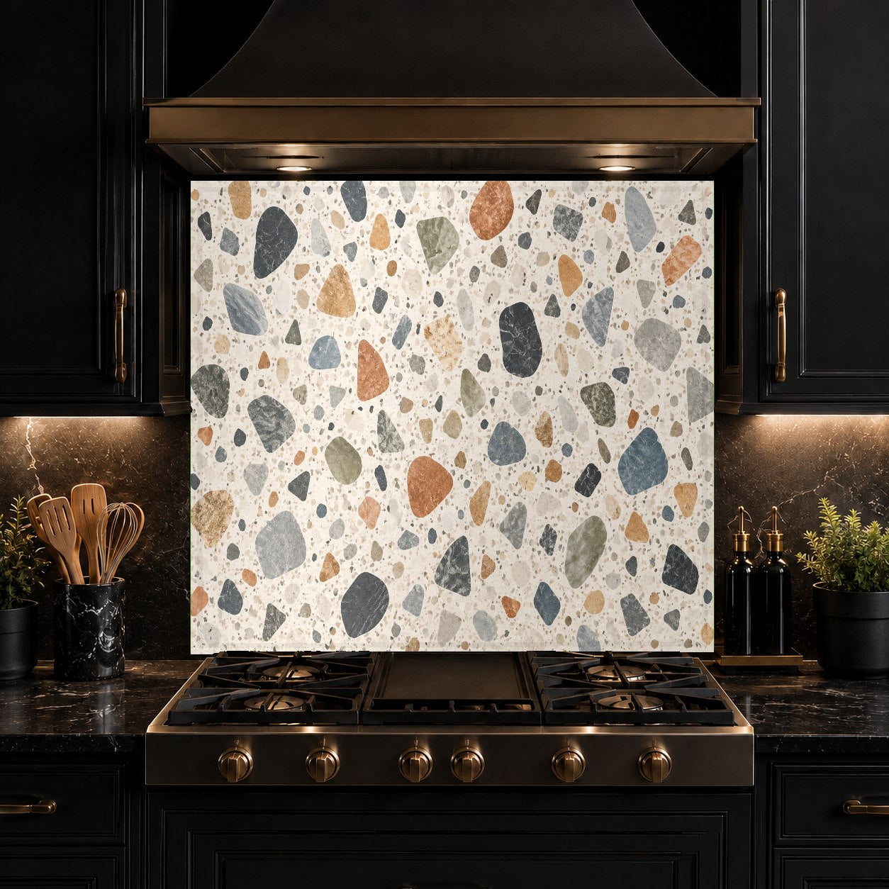 Terrazzo mosaic glass backsplash panel used as an elegant wall protector in a modern home bar area.