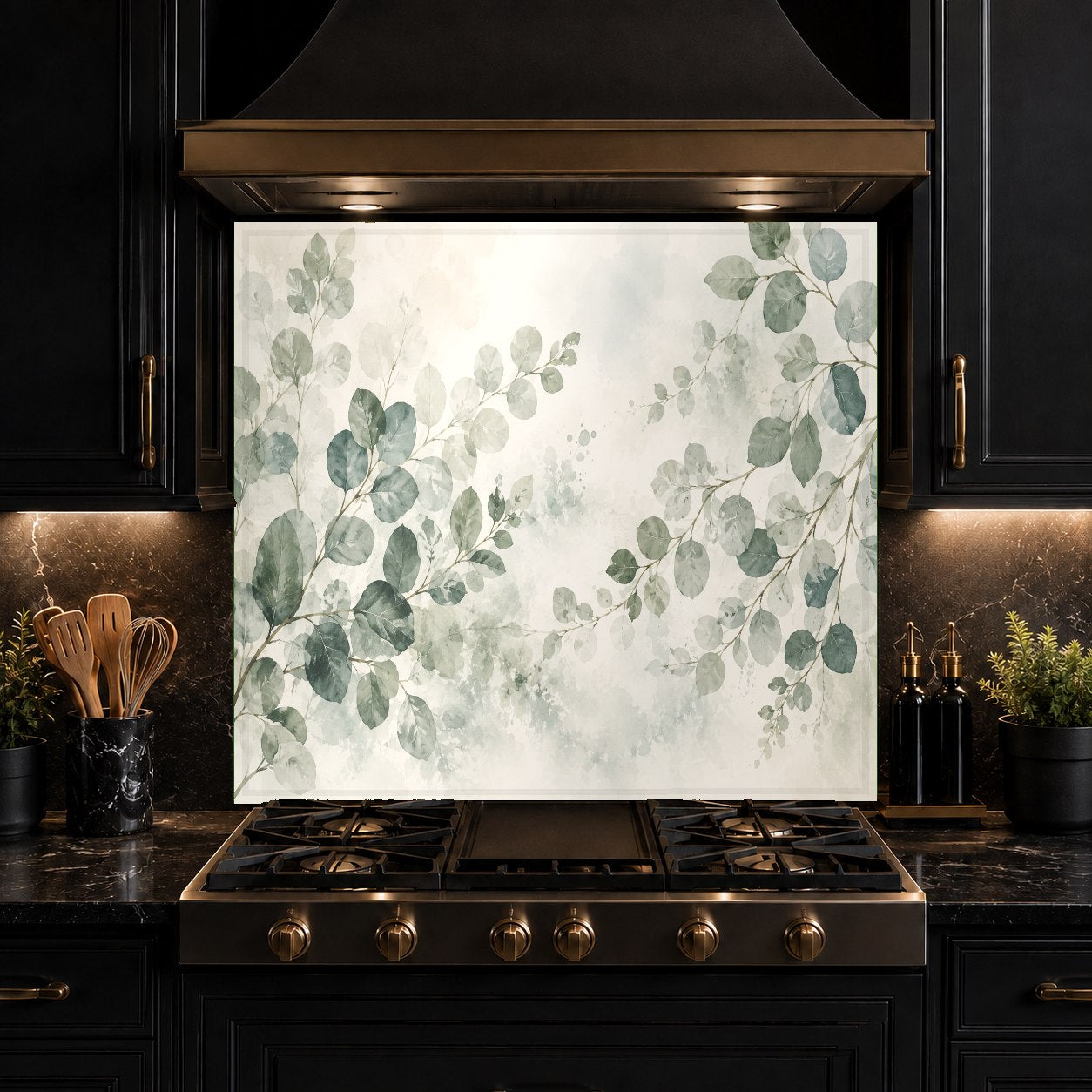 Eucalyptus themed tempered glass backsplash panel in a cozy rustic kitchen setup behind the stove.