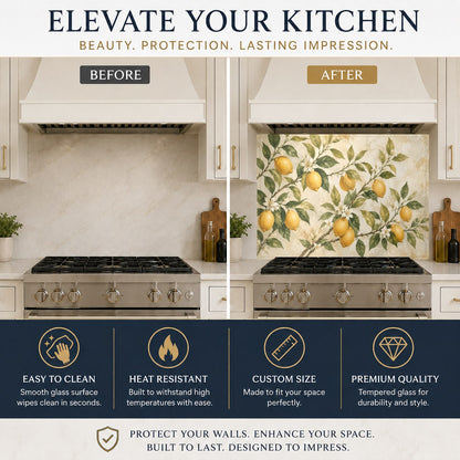 Close-up of a glossy heat-resistant glass stove backsplash featuring fresh lemons and green botanical leaves.