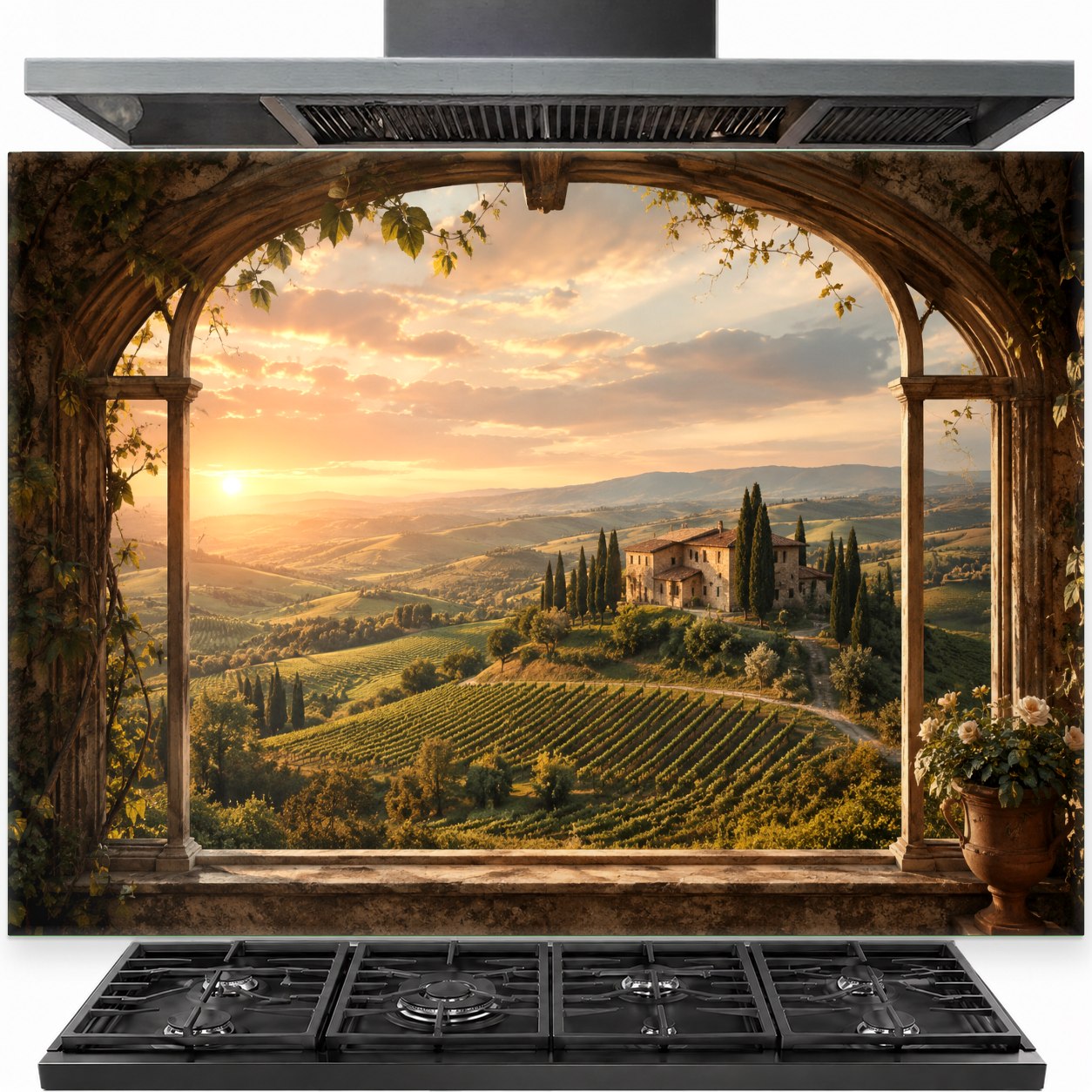 Sunset Garden View tempered glass backsplash installed securely behind a stainless steel kitchen stove