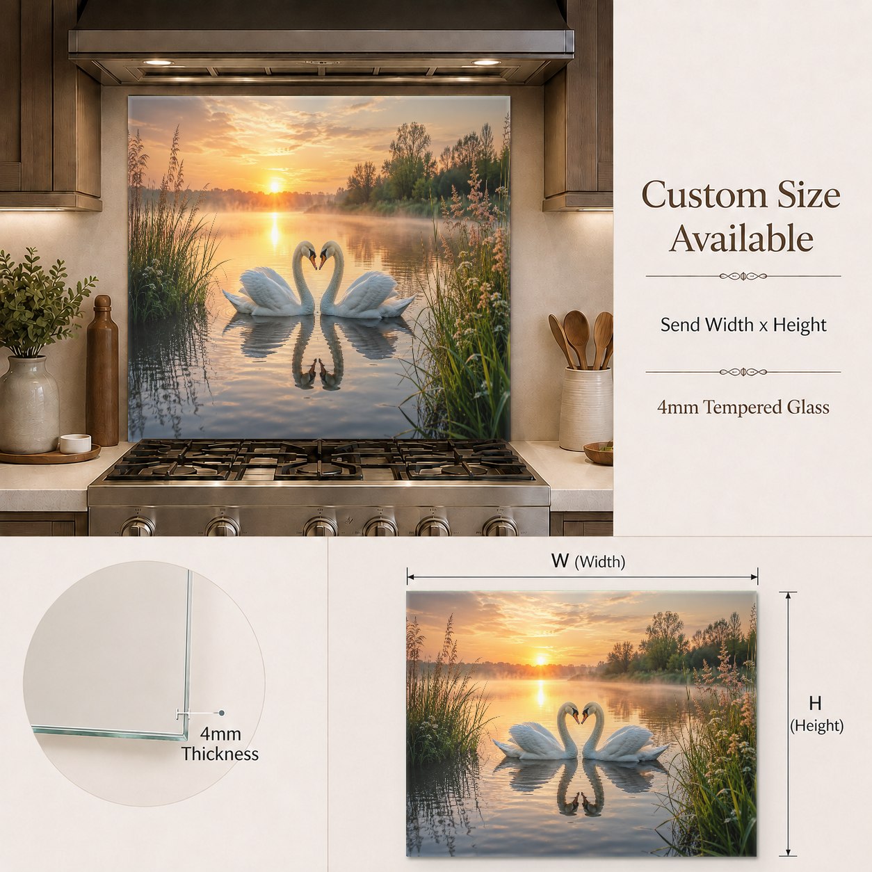 Durable and easy-to-clean glass kitchen backsplash featuring a serene lake reflection behind a cooktop.