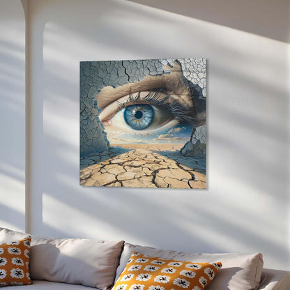 Abstract artwork of a cracked earth with an eye on a white wall above a sofa.