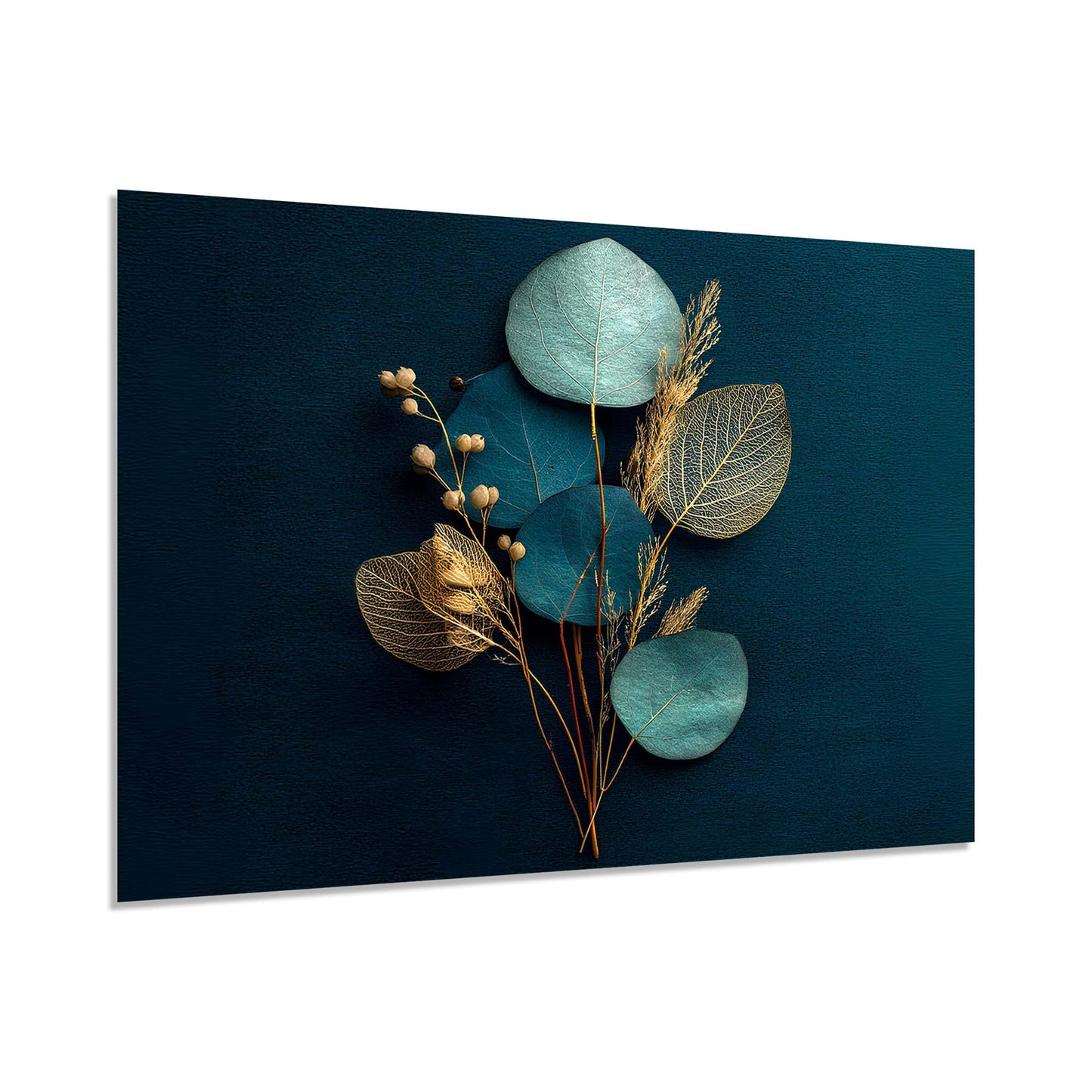 Decorative wall art with teal leaves and gold elements on a dark blue background