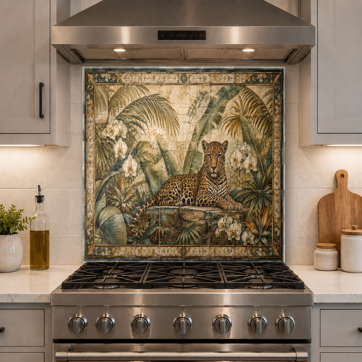 Tempered glass kitchen panel with leopard pattern behind a prep island