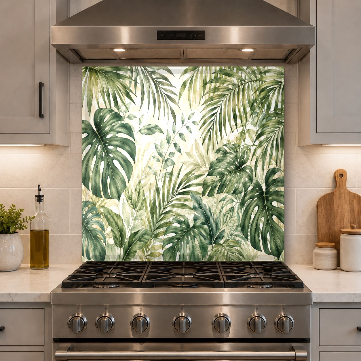A beautiful tropical monstera leaf design glass backsplash behind a kitchen sink area.