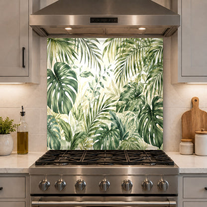 A beautiful tropical monstera leaf design glass backsplash behind a kitchen sink area.