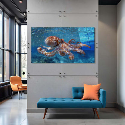 Modern interior with a blue sofa, orange chair, and octopus artwork on the wall.