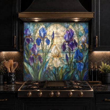 Reflective glass kitchen backsplash panel reflecting natural light in a bright suburban kitchen