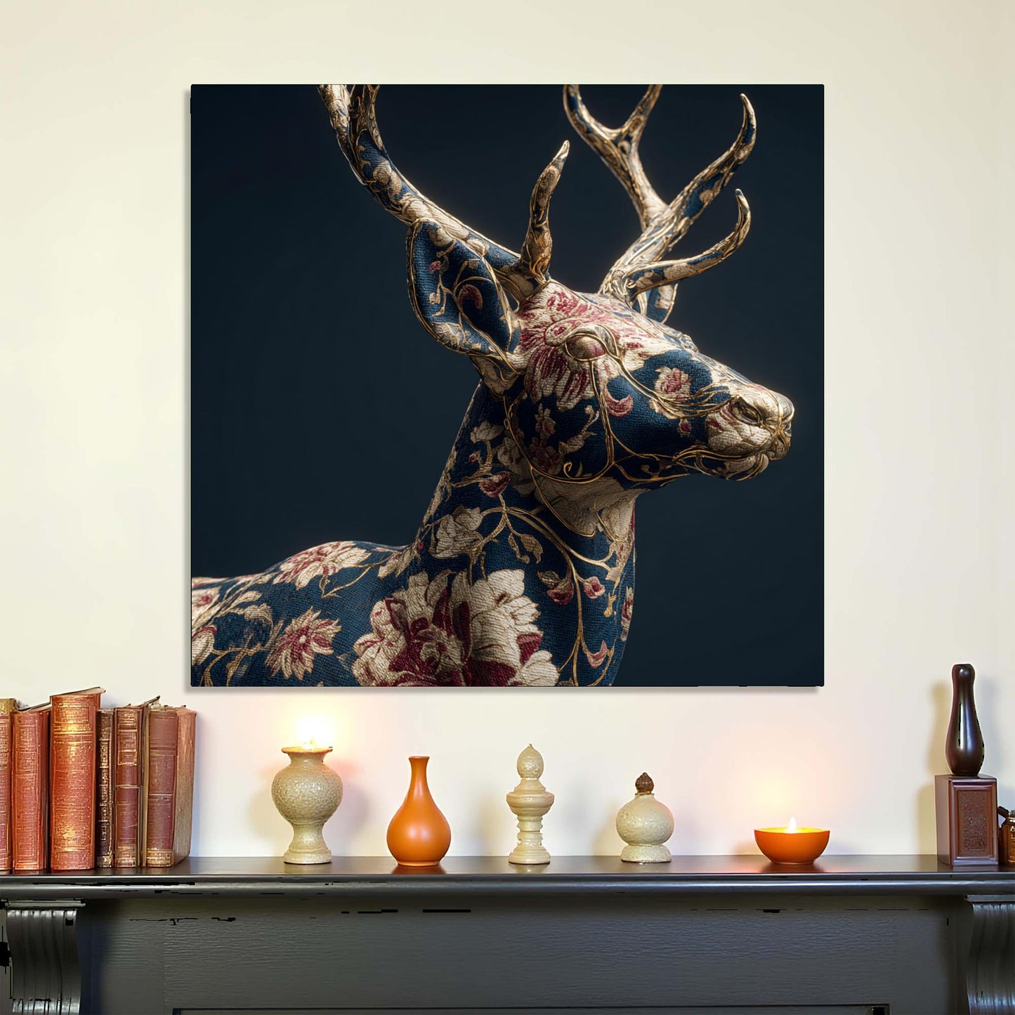 Decorative wall art of a floral-patterned deer head on a dark background, displayed above a shelf with decorative items.