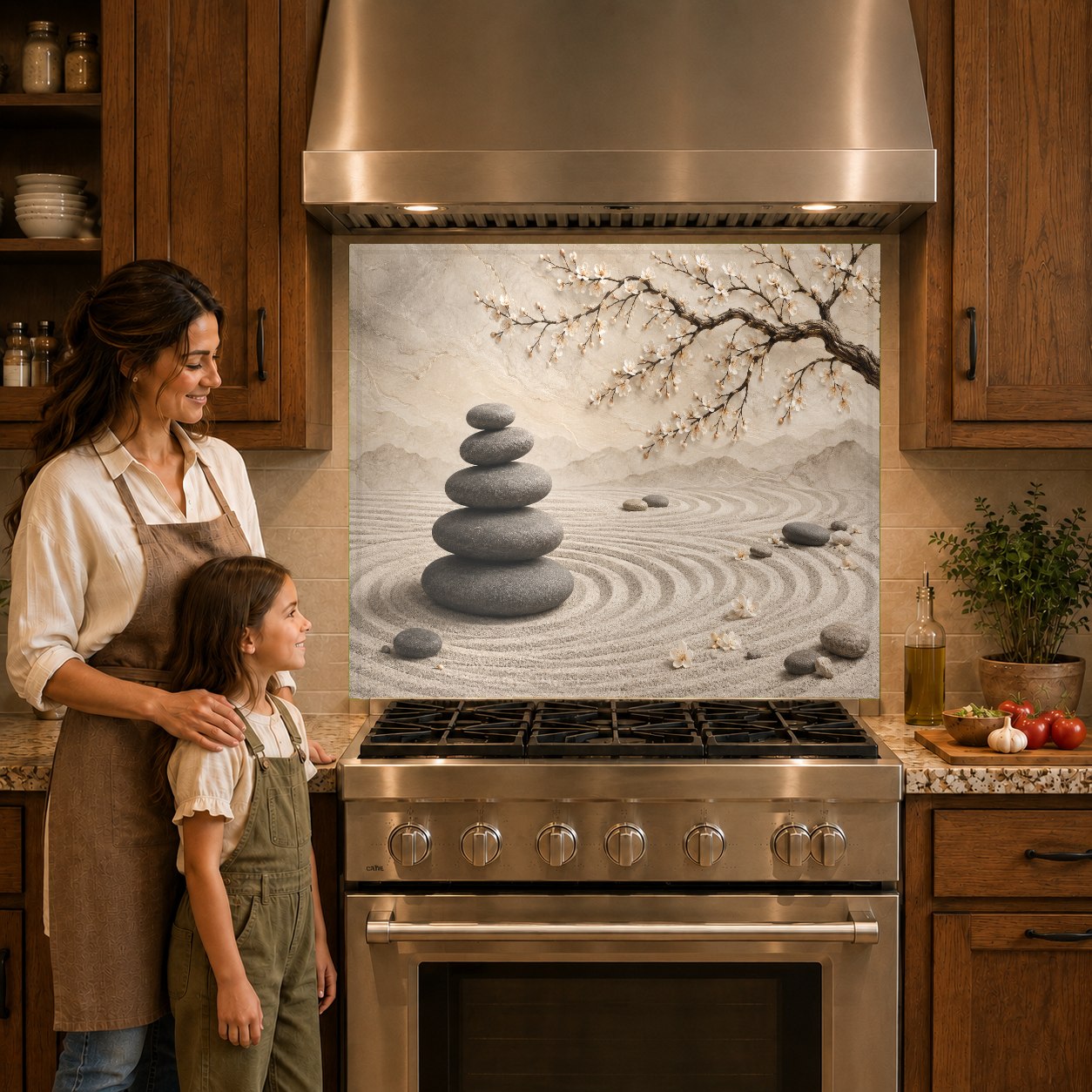 Elegant cherry blossom kitchen glass backsplash protecting the wall behind a sleek induction cooktop.