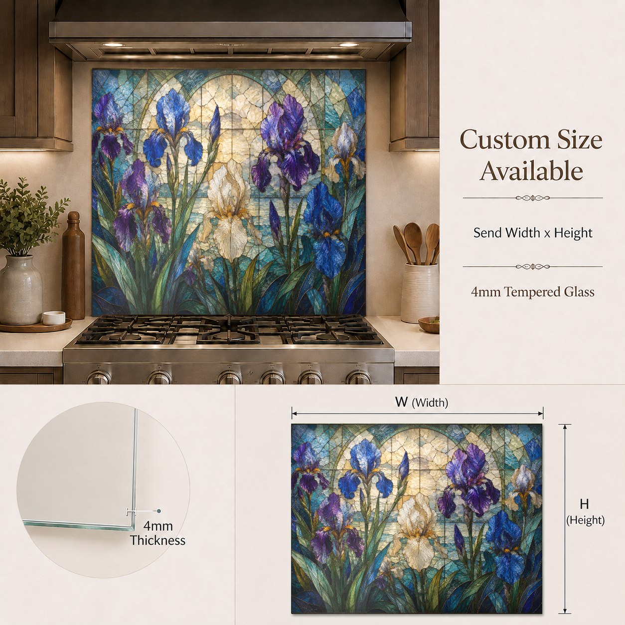 Close-up of the high-gloss tempered glass kitchen backsplash with vibrant purple floral details