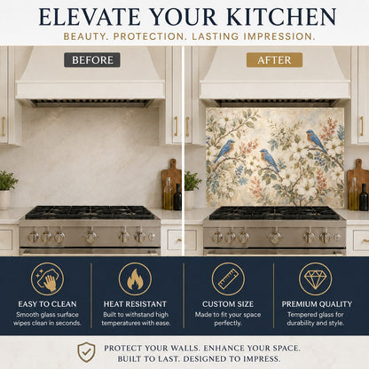 Charming birds on a branch glass backsplash mounted on a rustic kitchen sink wall to protect against water splashes.