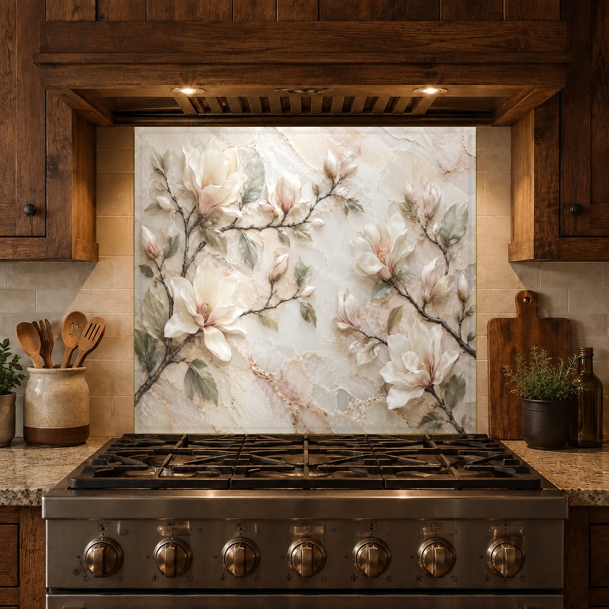 Sleek marble look glass splash guard behind a modern range