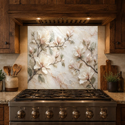 Sleek marble look glass splash guard behind a modern range