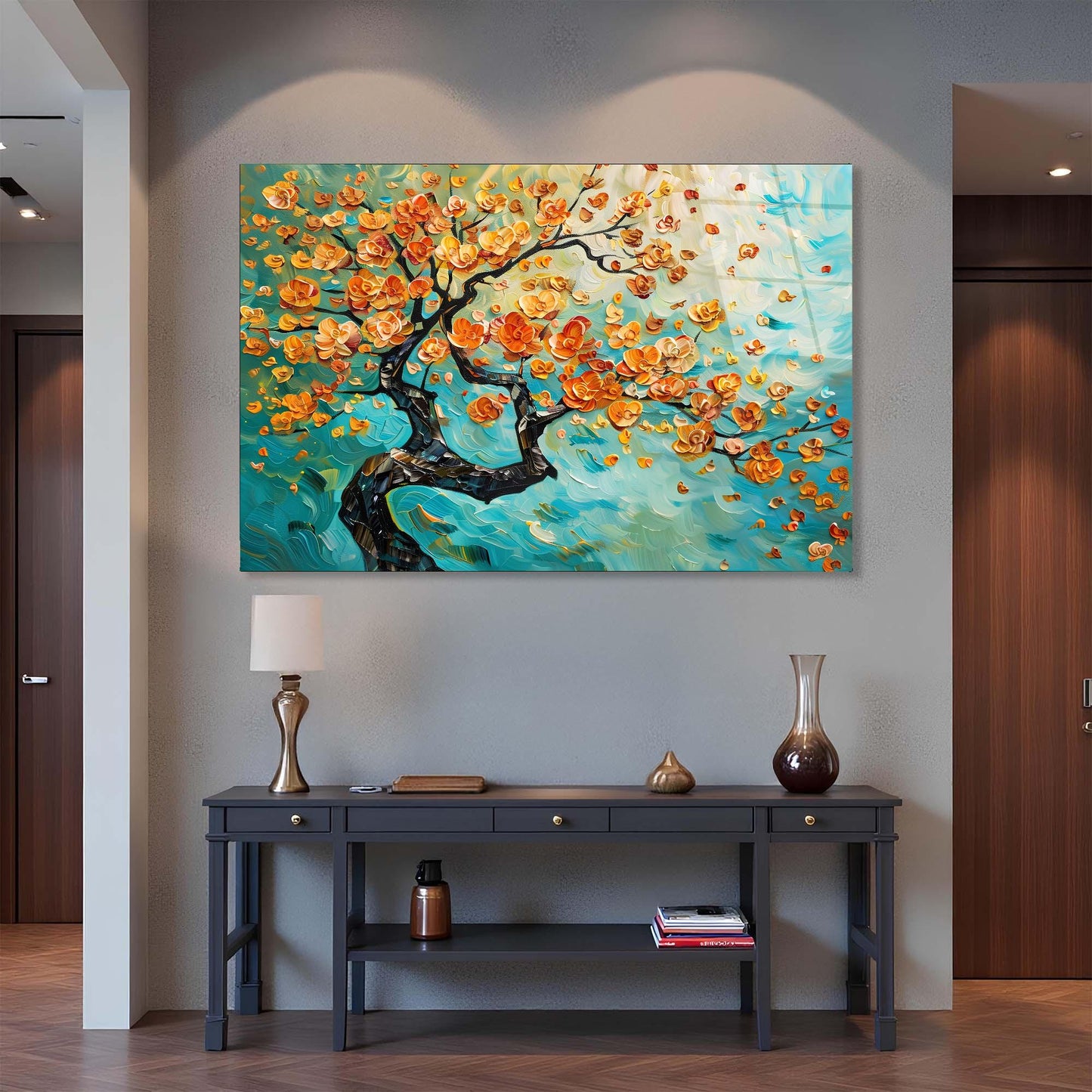 Colorful abstract painting of a tree with flowers on a wall above a dark wooden console table.