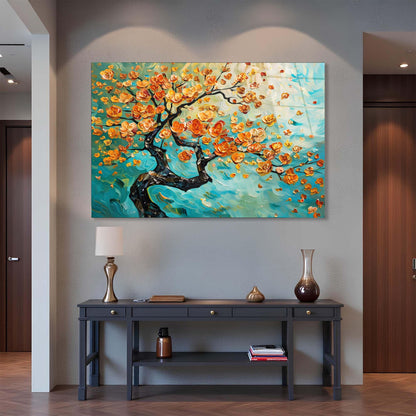 Colorful abstract painting of a tree with flowers on a wall above a dark wooden console table.