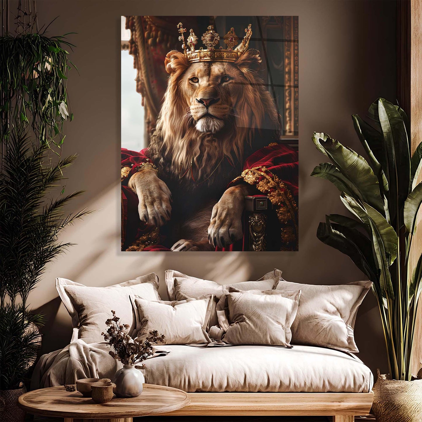 Living room with a large painting of a lion wearing a crown on the wall above a sofa.