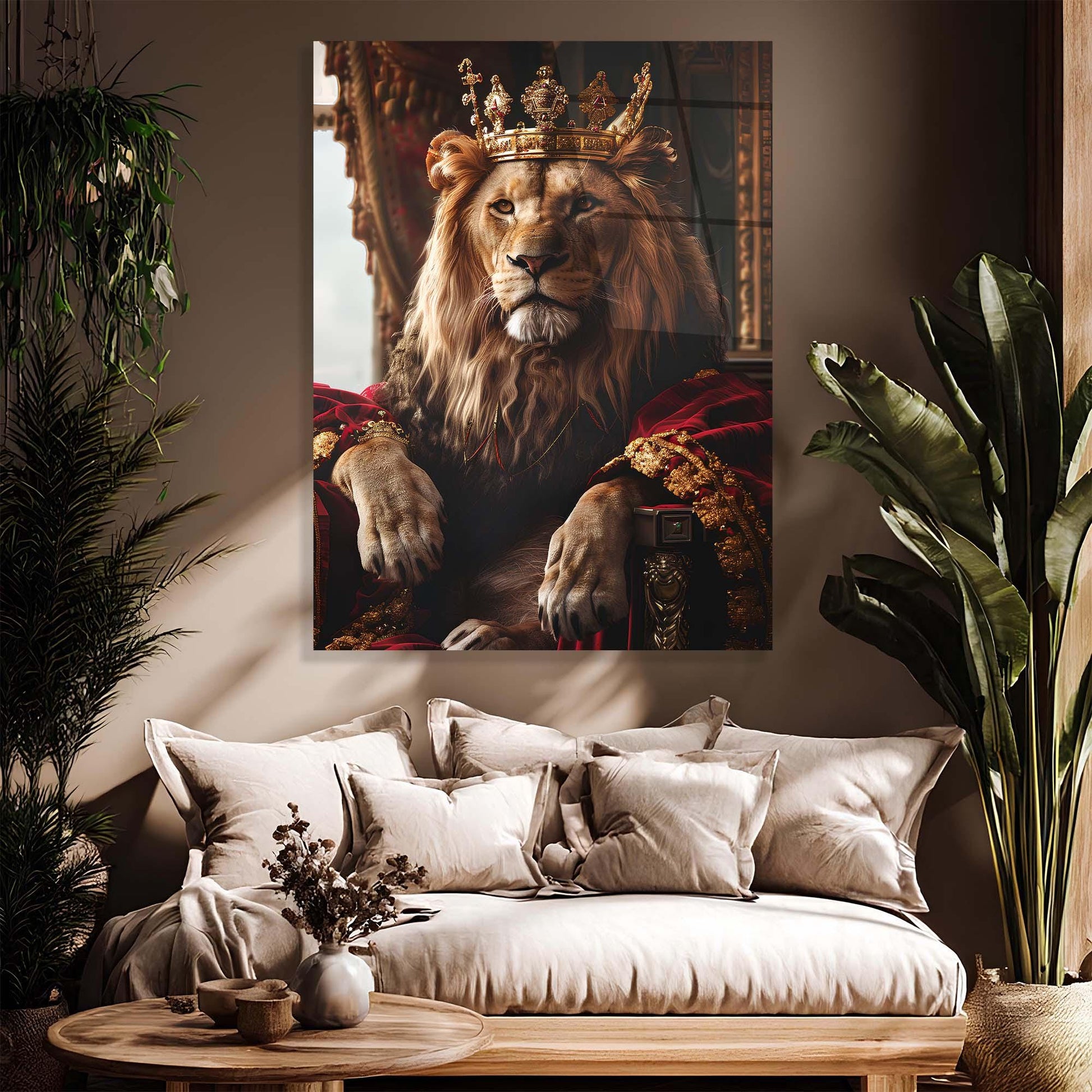 Living room with a large painting of a lion wearing a crown on the wall above a sofa.