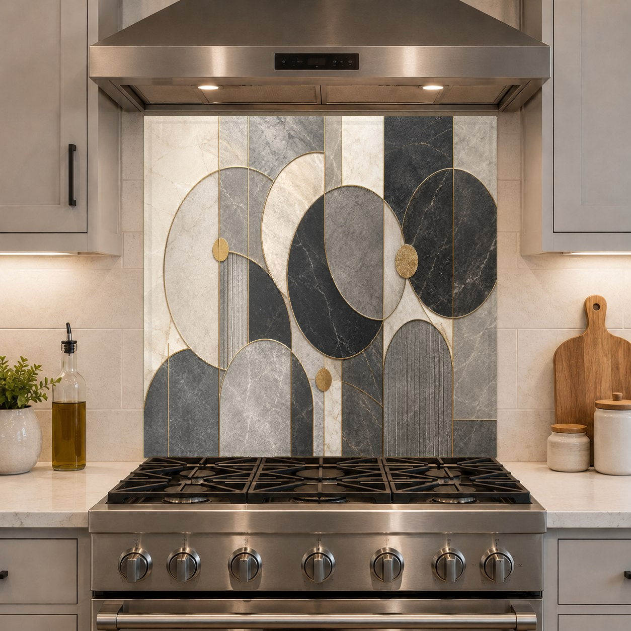 Easy-to-clean tempered glass backsplash with a modern geometric design in a bright, upscale kitchen.