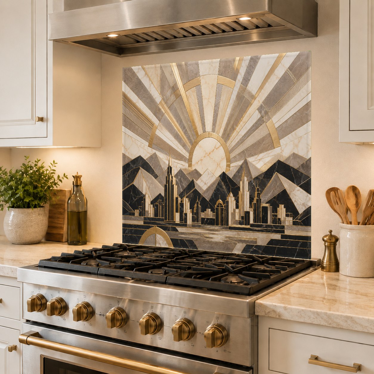 Stunning kitchen remodel featuring our Deco Horizon tempered glass stove splash guard for a clean, modern look.