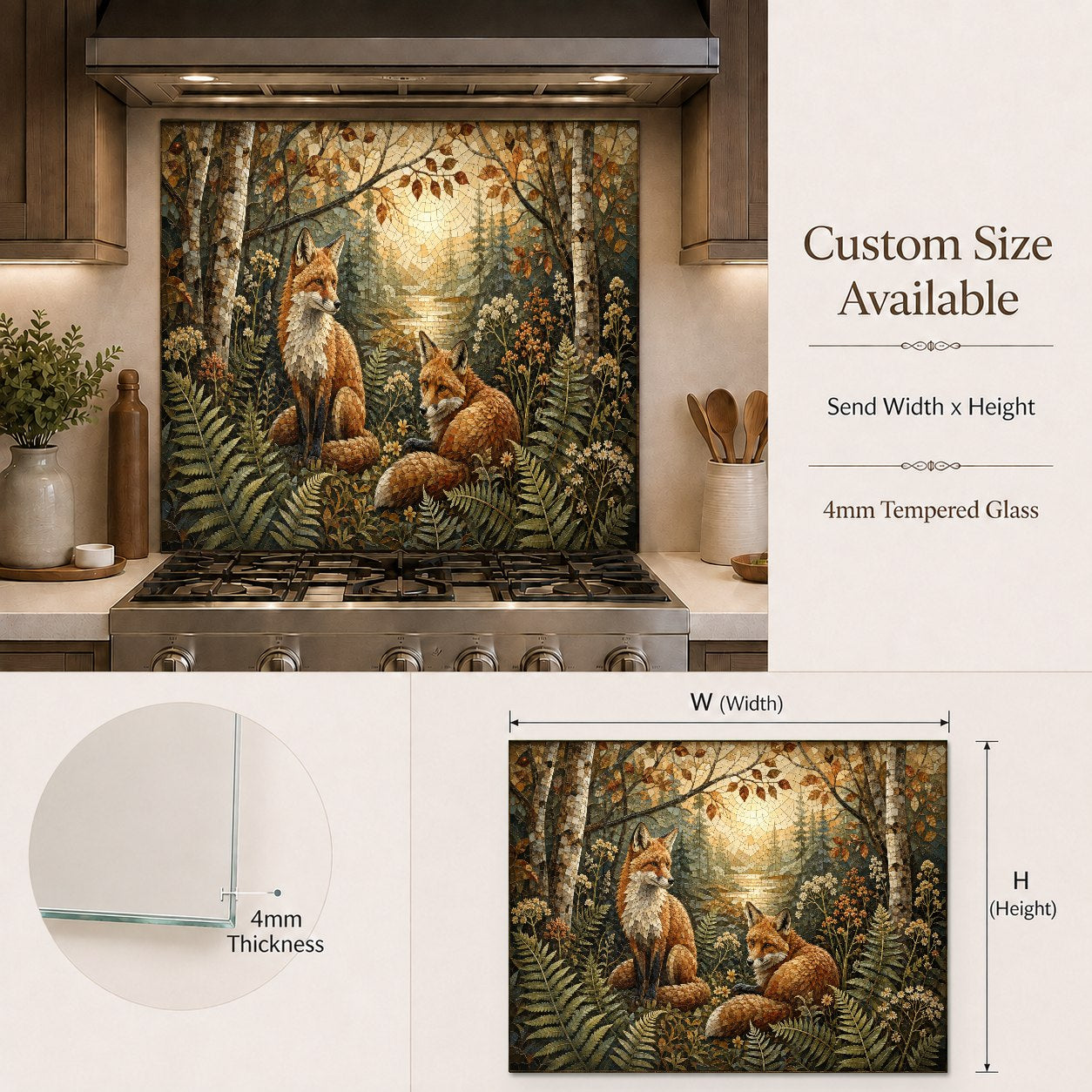 Rustic forest fox tempered glass backsplash in a cozy cabin kitchen bar area with warm lighting.