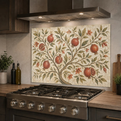 Pomegranate Garden glass backsplash panel protecting the wall behind a stainless steel kitchen sink.
