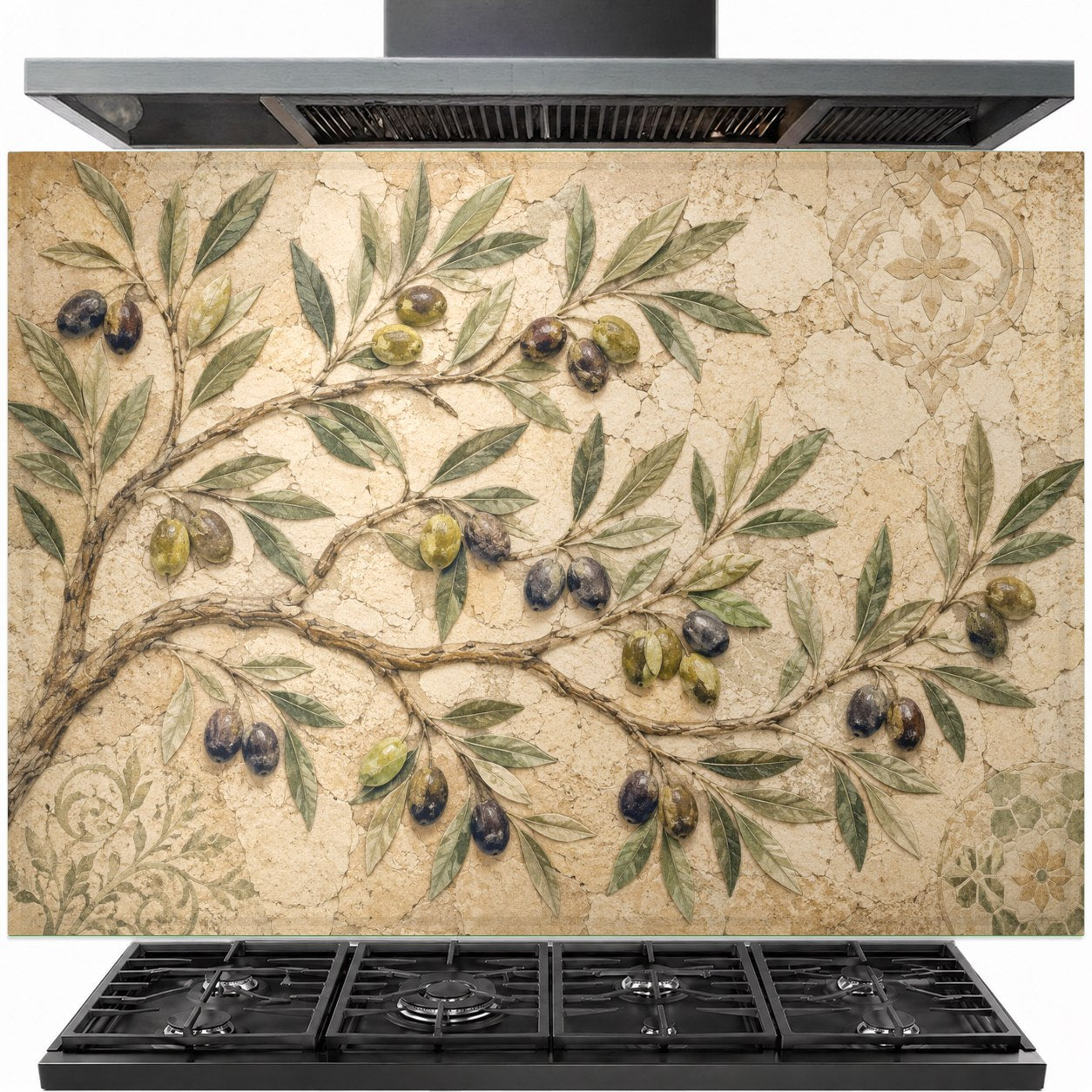 Olive Grove tempered glass backsplash installed behind a modern stainless steel gas stove