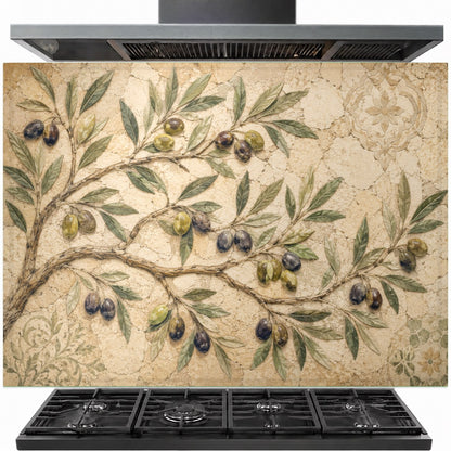 Olive Grove tempered glass backsplash installed behind a modern stainless steel gas stove