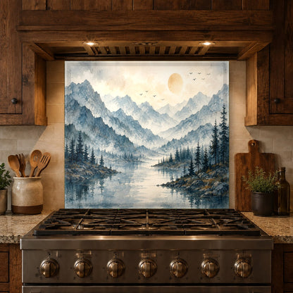 Hygienic and scratch-resistant glass backsplash panel with a misty lake scene behind a wet bar sink.