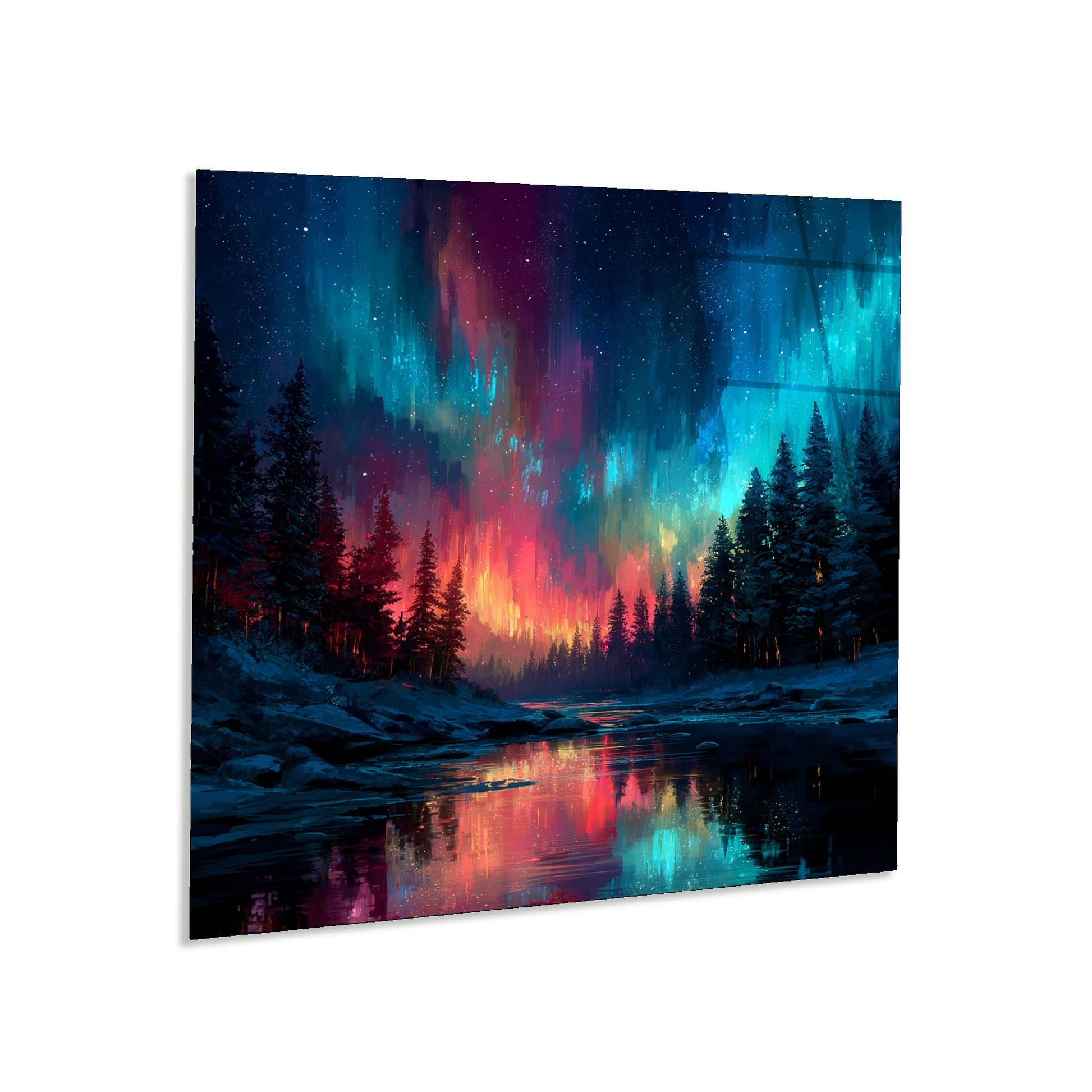 Framed artwork of a snowy landscape with colorful Northern Lights.