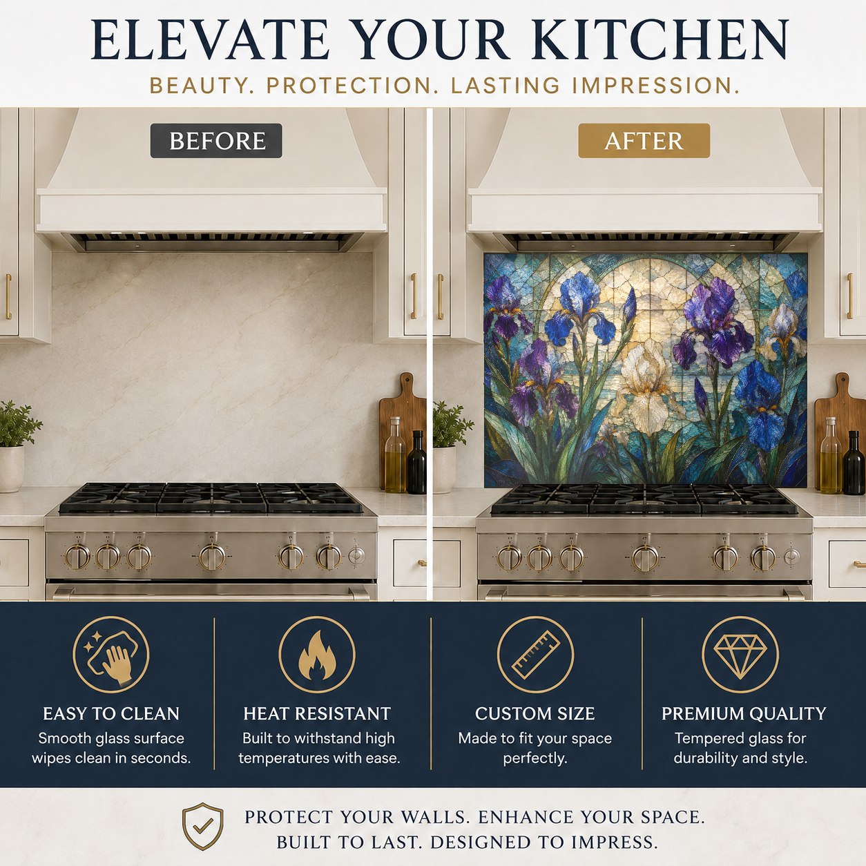 Tempered glass kitchen backsplash featuring vibrant purple irises above a kitchen island counter