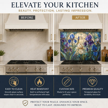 Tempered glass kitchen backsplash featuring vibrant purple irises above a kitchen island counter