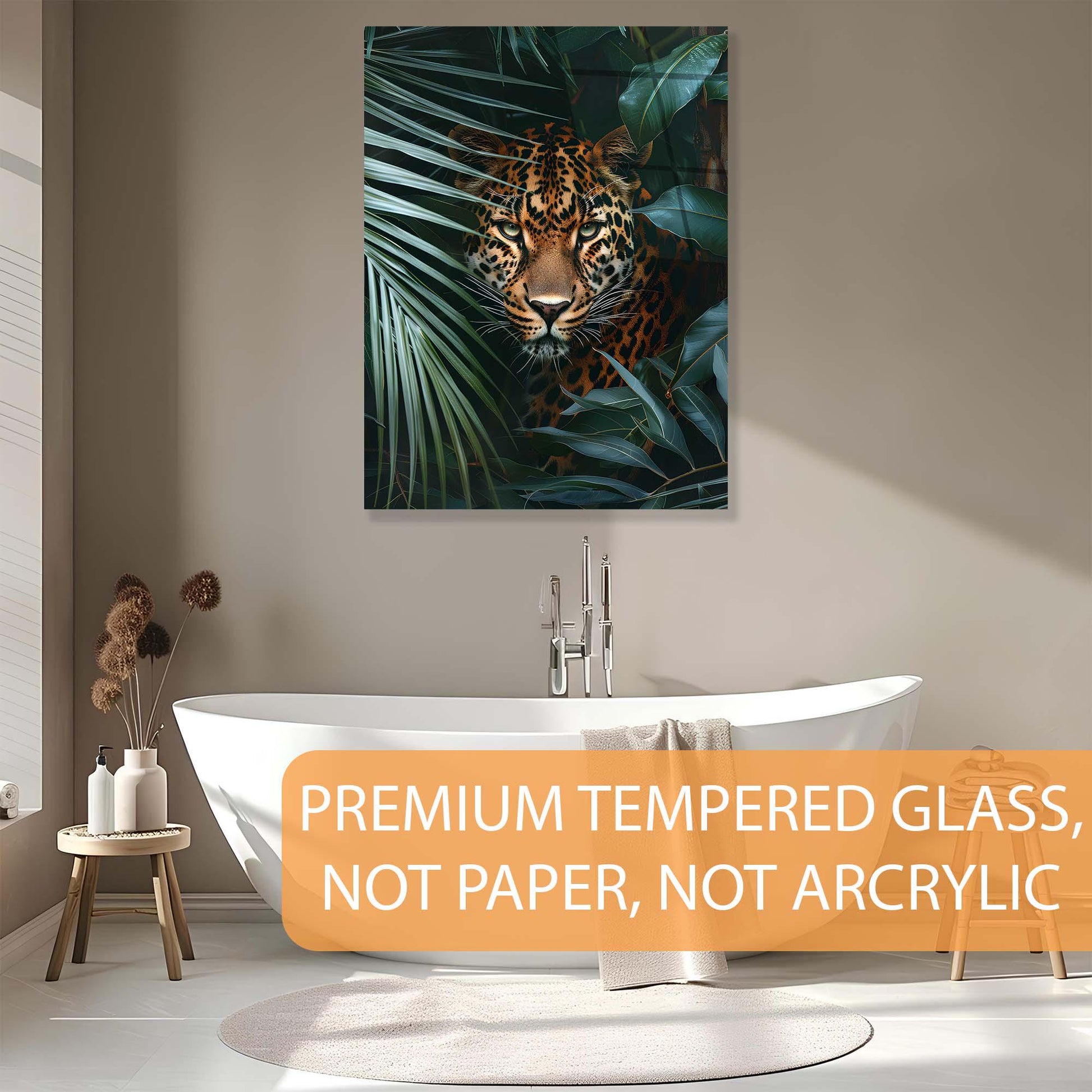 Modern bathroom interior with a tiger artwork on the wall, featuring premium tempered glass.