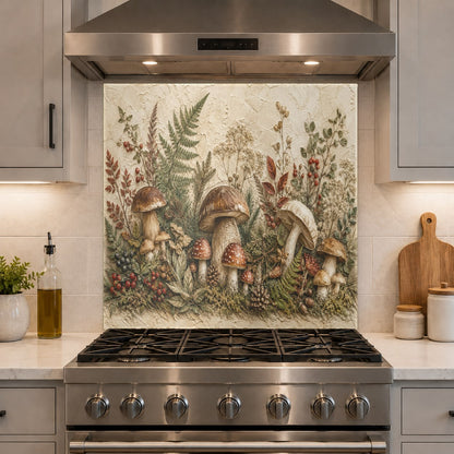 High-gloss kitchen glass panel featuring whimsical forest mushrooms installed over existing tile.
