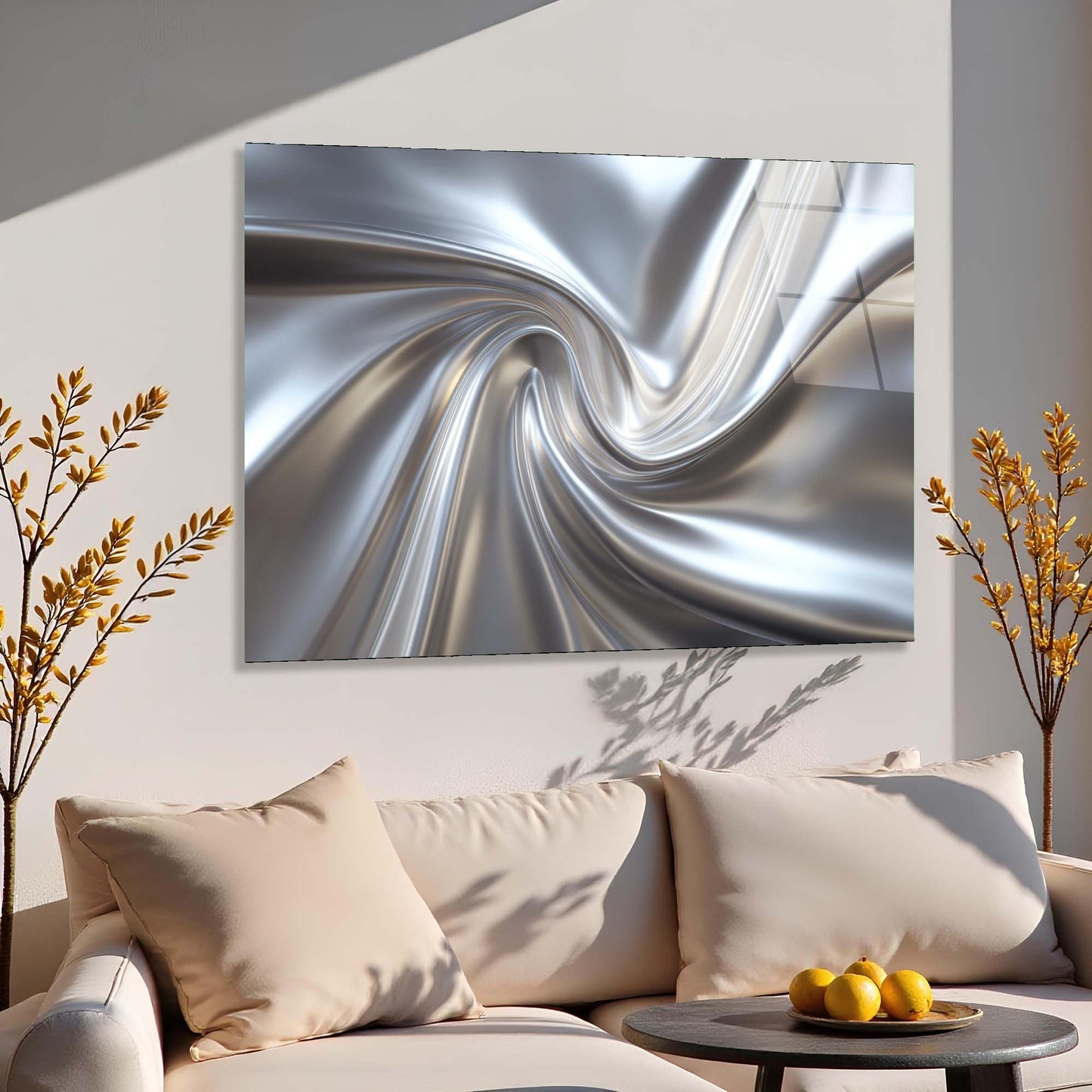 Abstract metal sculpture on a wall above a beige sofa with decorative pillows.