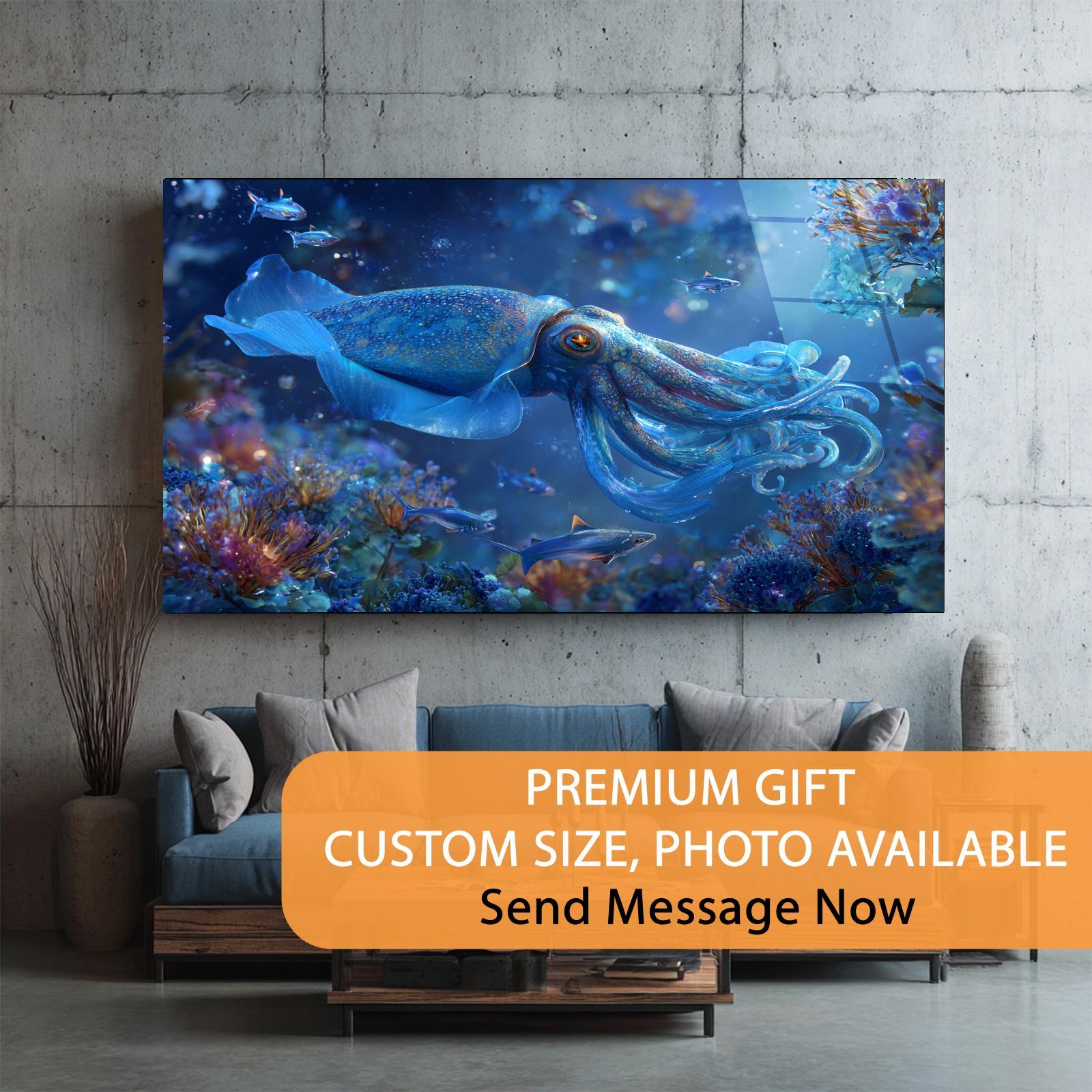Large underwater scene painting of a squid on a wall above a sofa with promotional text overlay.