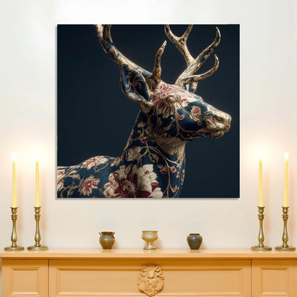 Decorative wall art of a floral-patterned deer head on a dark background, displayed above a wooden cabinet with candles and decorative items.