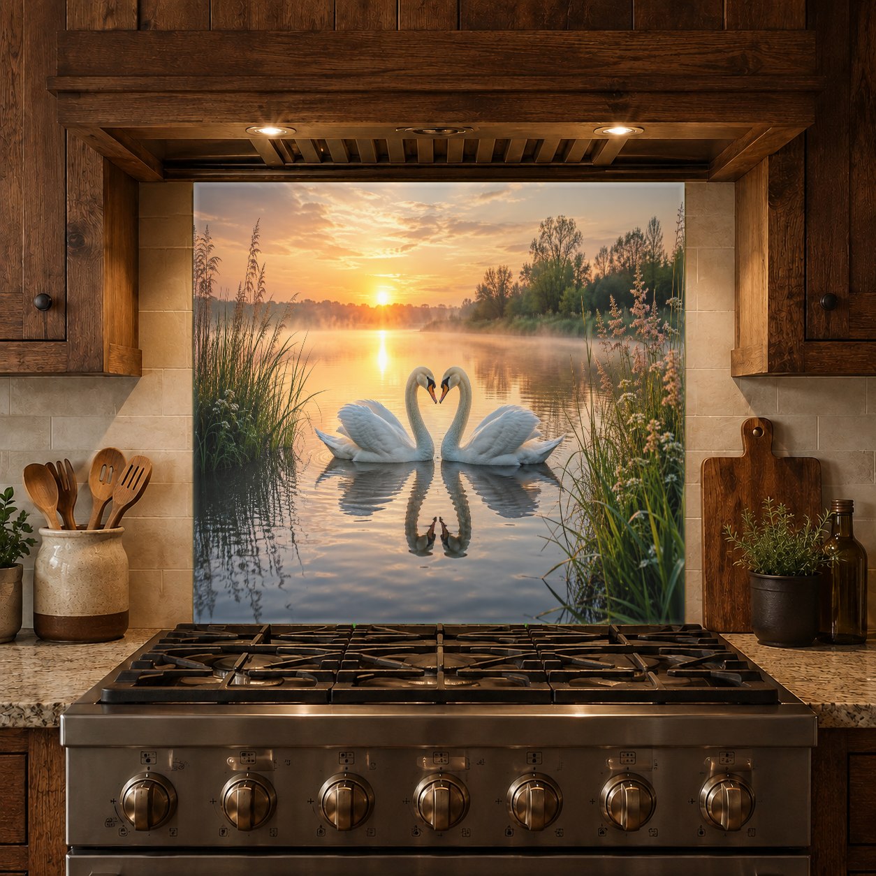 Modern kitchen island wall featuring a custom Love Lake tempered glass backsplash panel.