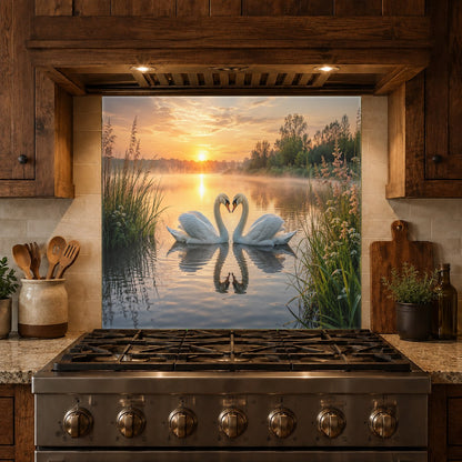 Modern kitchen island wall featuring a custom Love Lake tempered glass backsplash panel.