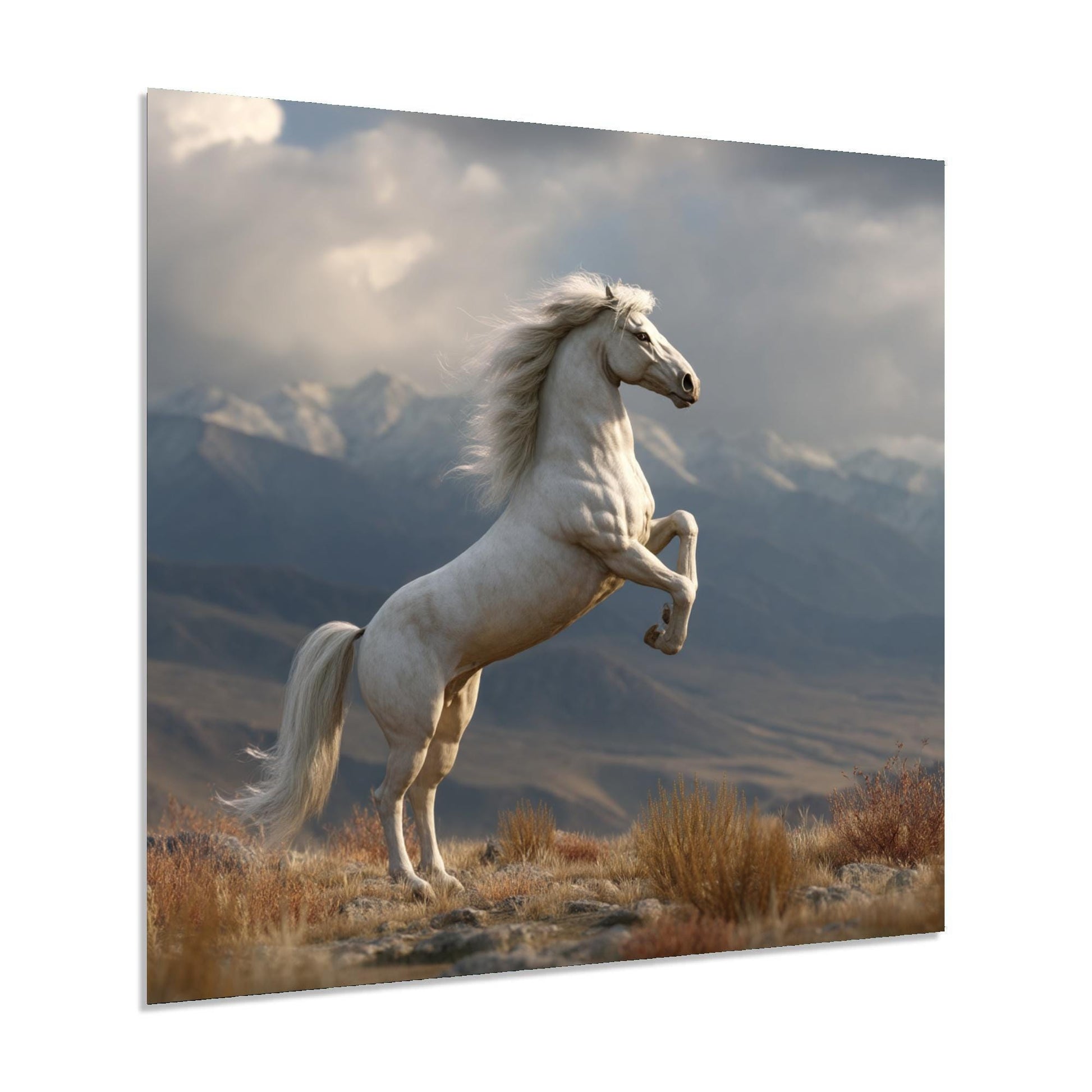 White horse rearing on a mountainous landscape