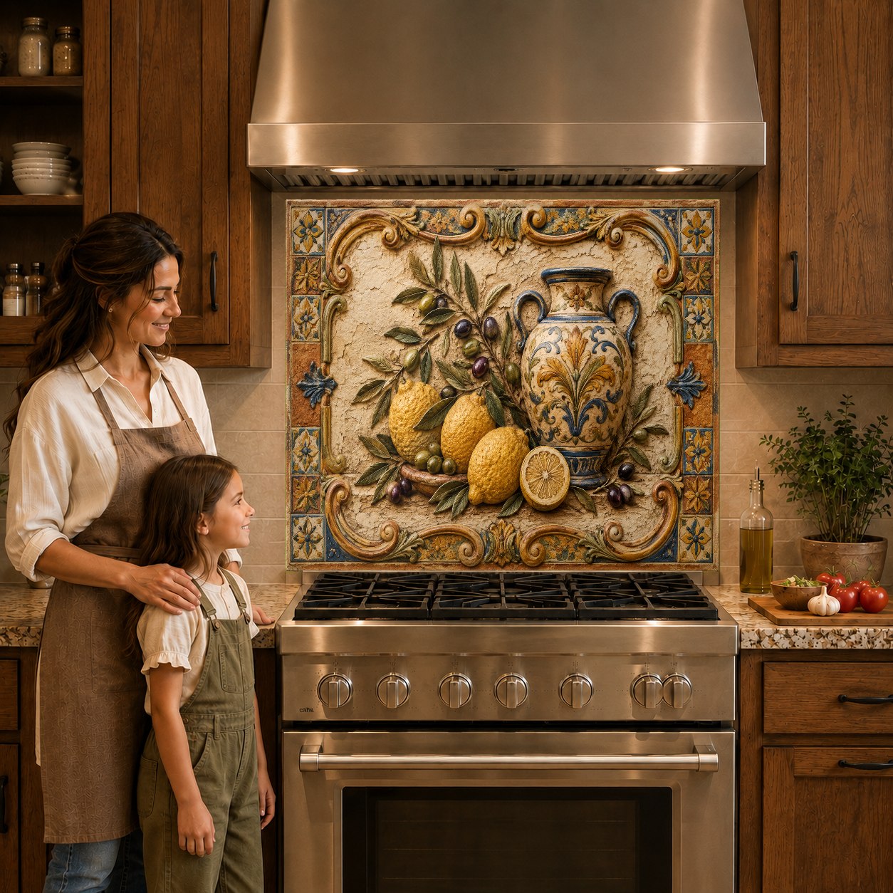 Mediterranean fruit kitchen glass backsplash panel mounted over a modern cooktop