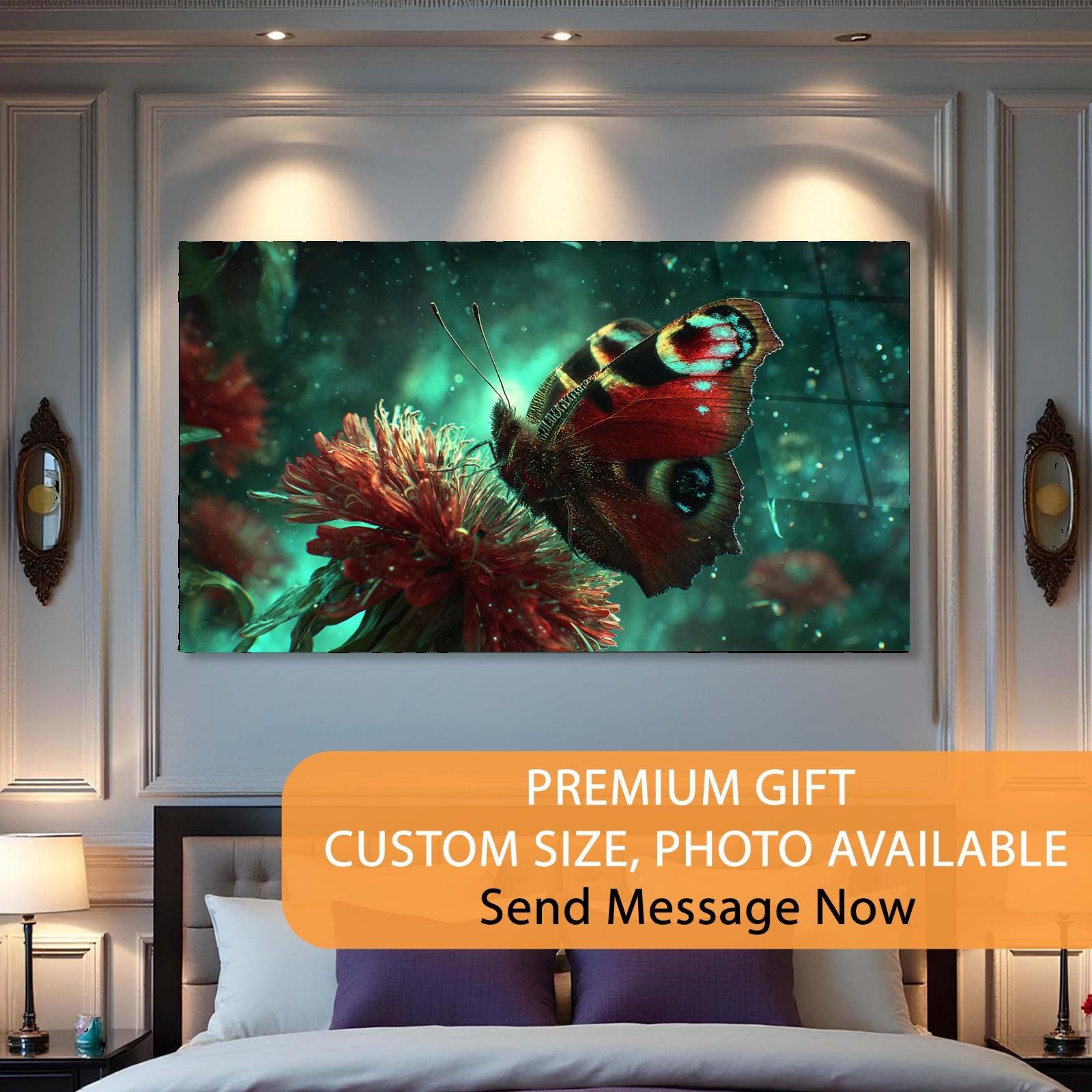 TV mounted on a wall in a bedroom displaying a butterfly and flower image with promotional text.