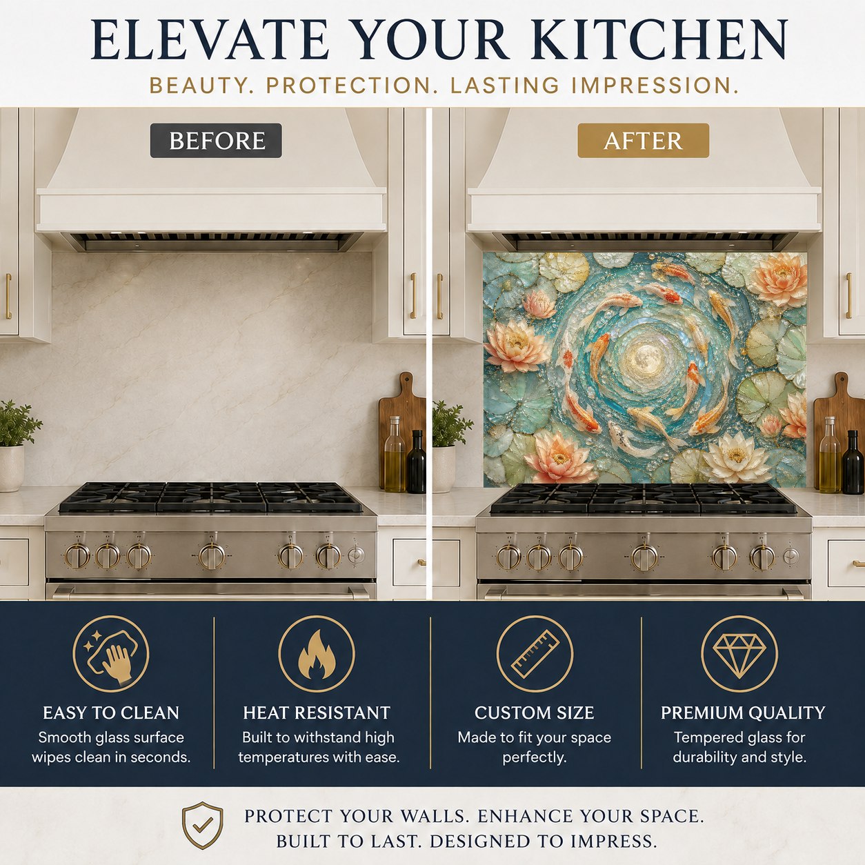 Close-up of heat-resistant glass backsplash with golden koi design installed on a kitchen wall.