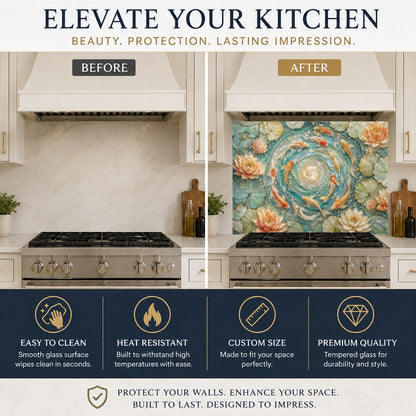 Close-up of heat-resistant glass backsplash with golden koi design installed on a kitchen wall.