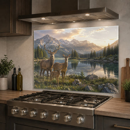 High-gloss tempered glass backsplash with a deer family design, seamlessly installed over existing kitchen tiles.