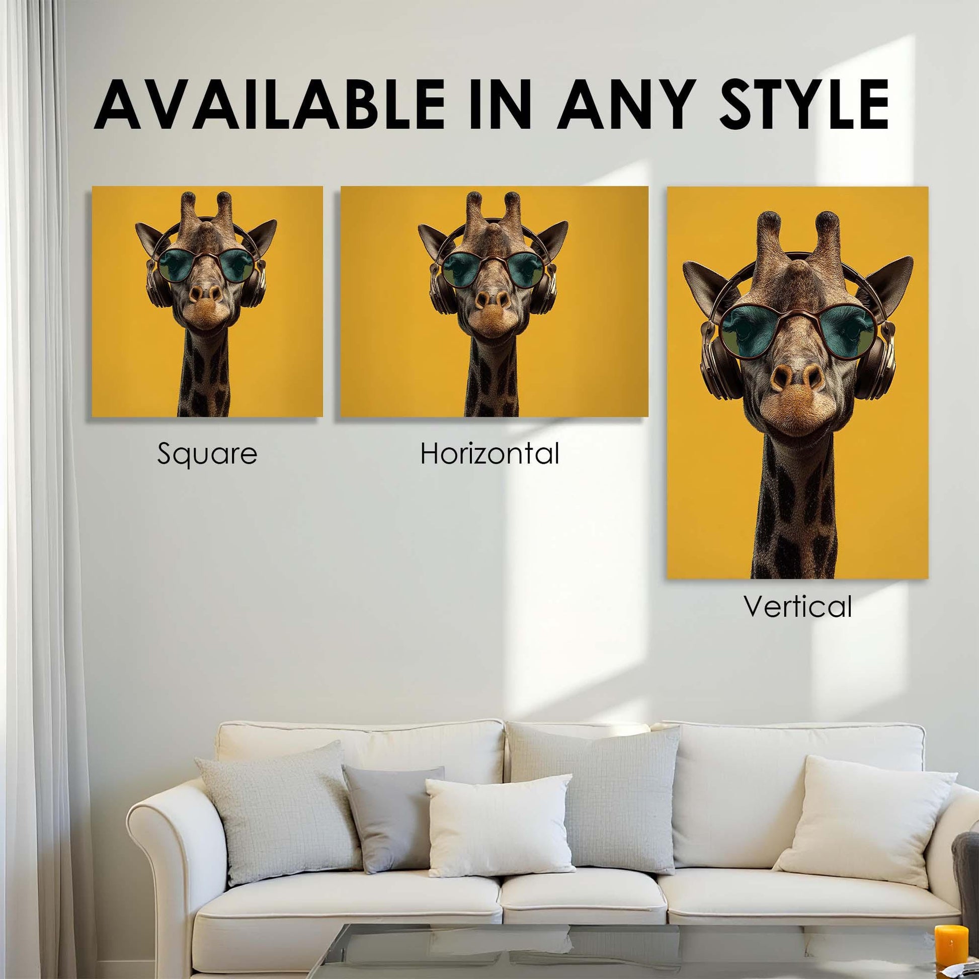 Three wall art prints of a giraffe wearing sunglasses on a yellow background, displayed in square, horizontal, and vertical orientations.