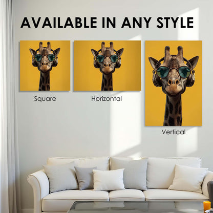 Three wall art prints of a giraffe wearing sunglasses on a yellow background, displayed in square, horizontal, and vertical orientations.