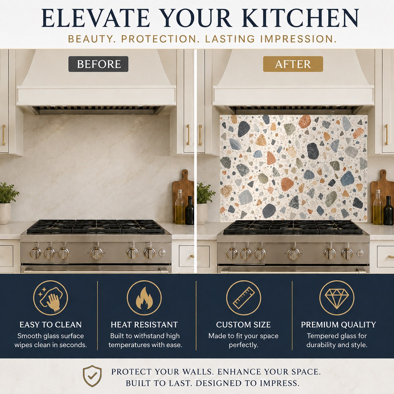 Modern kitchen with a colorful terrazzo mosaic tempered glass backsplash panel above the countertops.