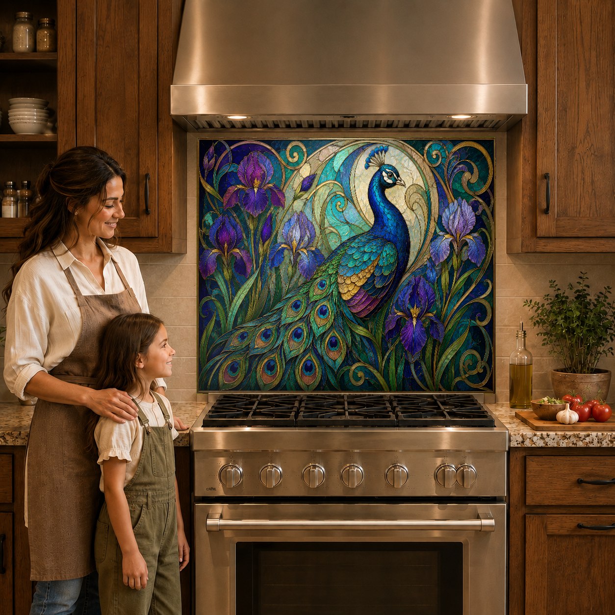 Exotic blue and green peacock feather glass backsplash behind a gas cooktop